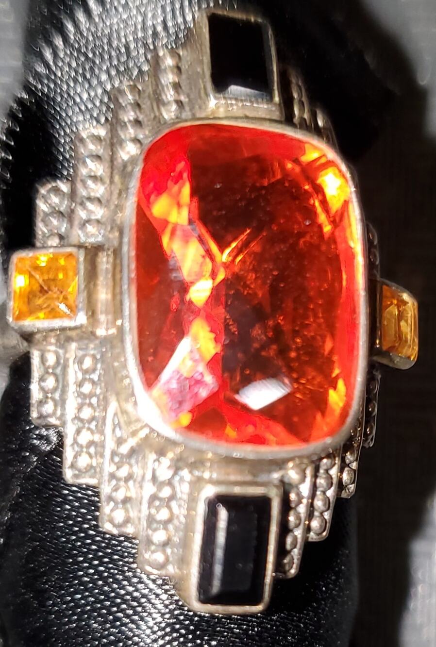 Nicky Butler Art Deco Citrine Onyx Marcasite Sterling Silver Cocktail Ring Sz 6